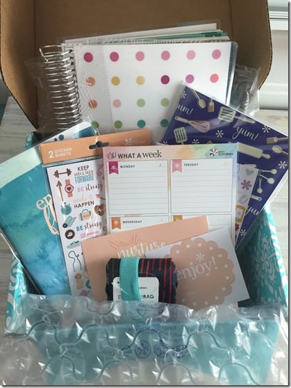 Erin Condren box holding life planner, menu planner, stickers