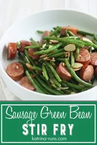 white bowl with sausage green bean stir fry
