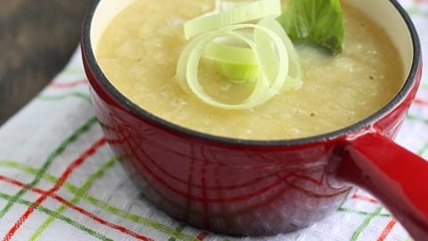 A red bowl with green leek soup topped with fresh leek rings.