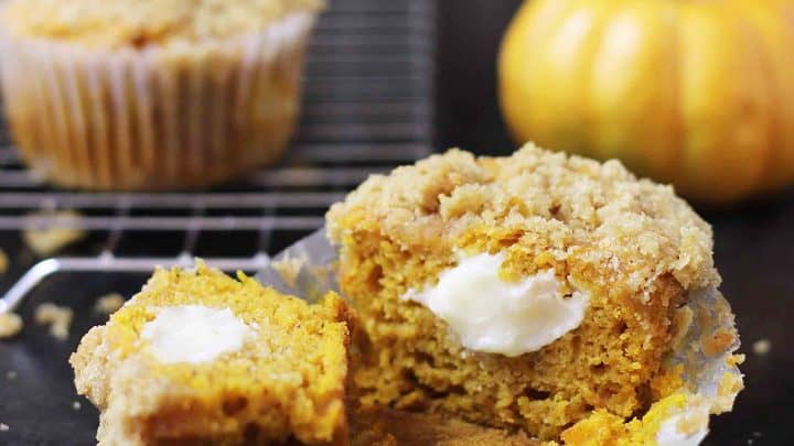 Gluten Free Pumpkin Cream cheese muffin cut in half