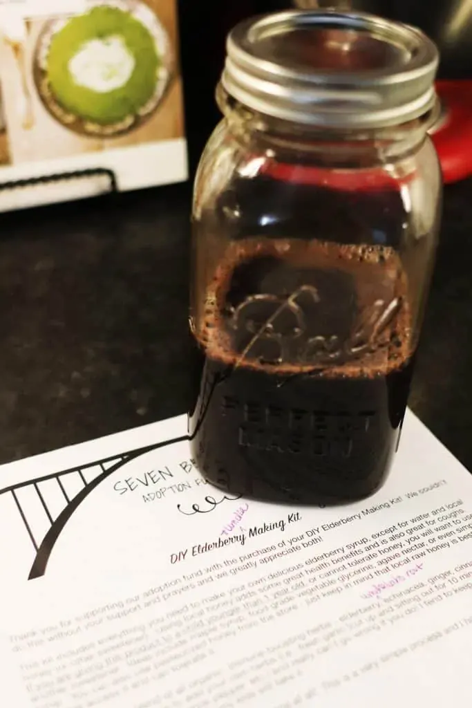 A jar of elderberry and umcka syrup