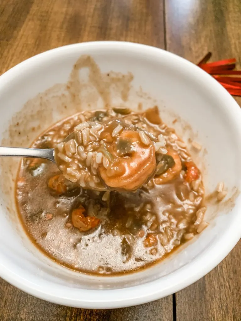 gumbo in a white bowl